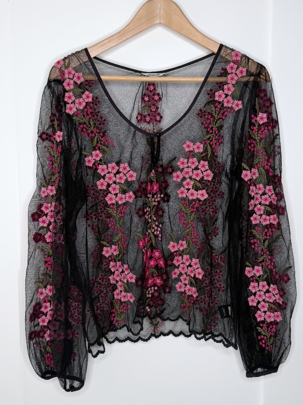 St. Roche Sheer Floral Embroidered Blouse in Black & Pink Size S